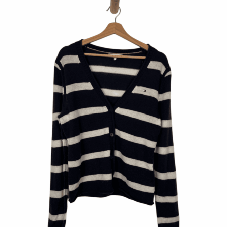 TOMMY HILFIGER CARDIGAN V-NECK BLUE NAVY-WHITE 2000s 100% WOOL