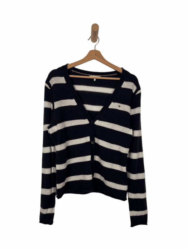 TOMMY HILFIGER CARDIGAN V-NECK BLUE NAVY-WHITE 2000s 100% WOOL
