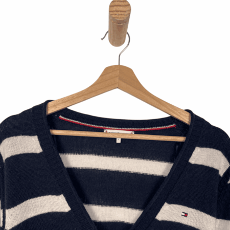 TOMMY HILFIGER CARDIGAN V-NECK BLUE NAVY-WHITE 2000s 100% WOOL