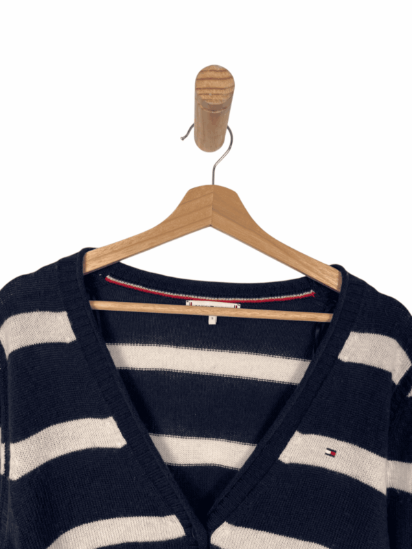 TOMMY HILFIGER CARDIGAN V-NECK BLUE NAVY-WHITE 2000s 100% WOOL - Imagen 2